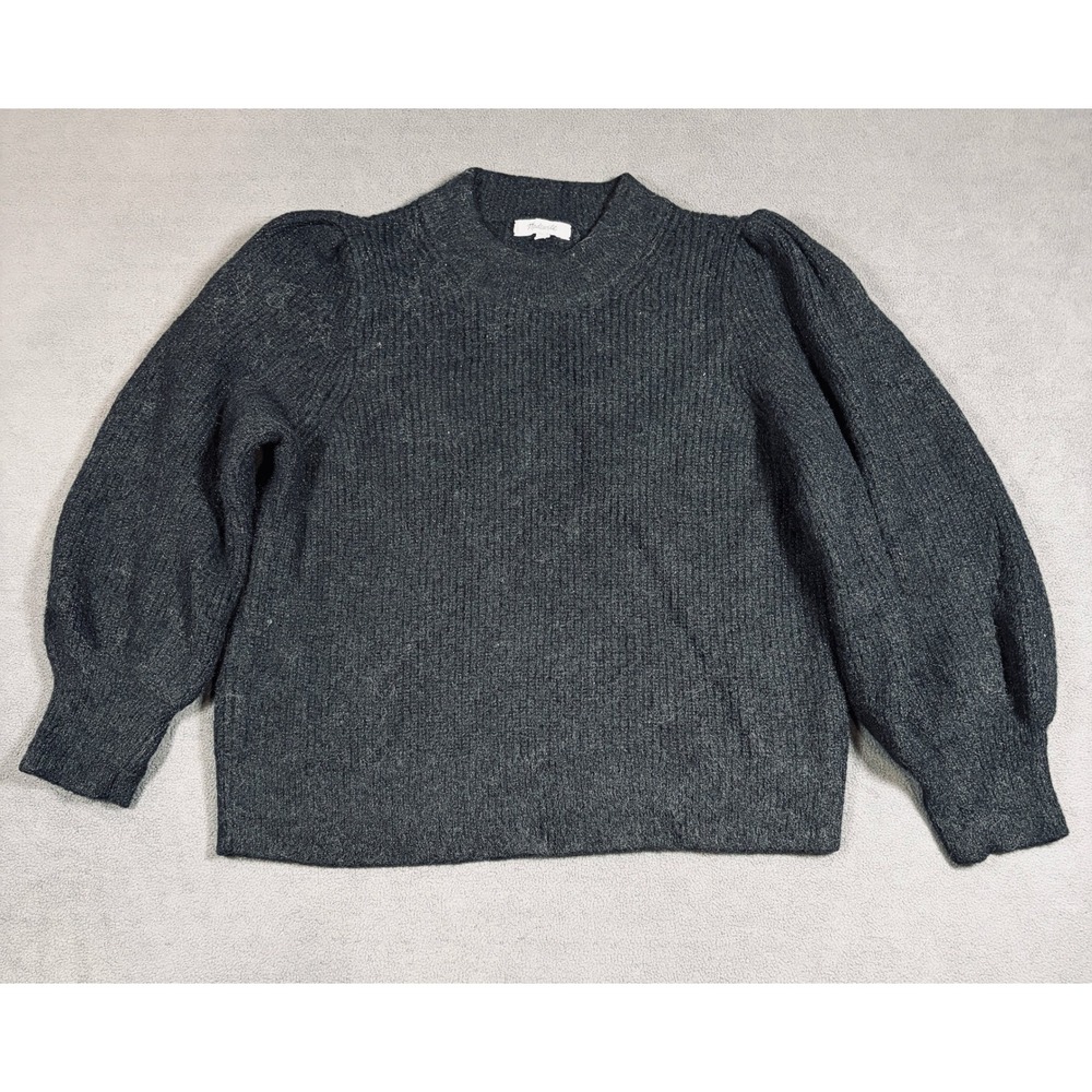 Madewell Sweater Womens Medium Charcoal Puff Sleeve Ribbed Knit Crew Neck